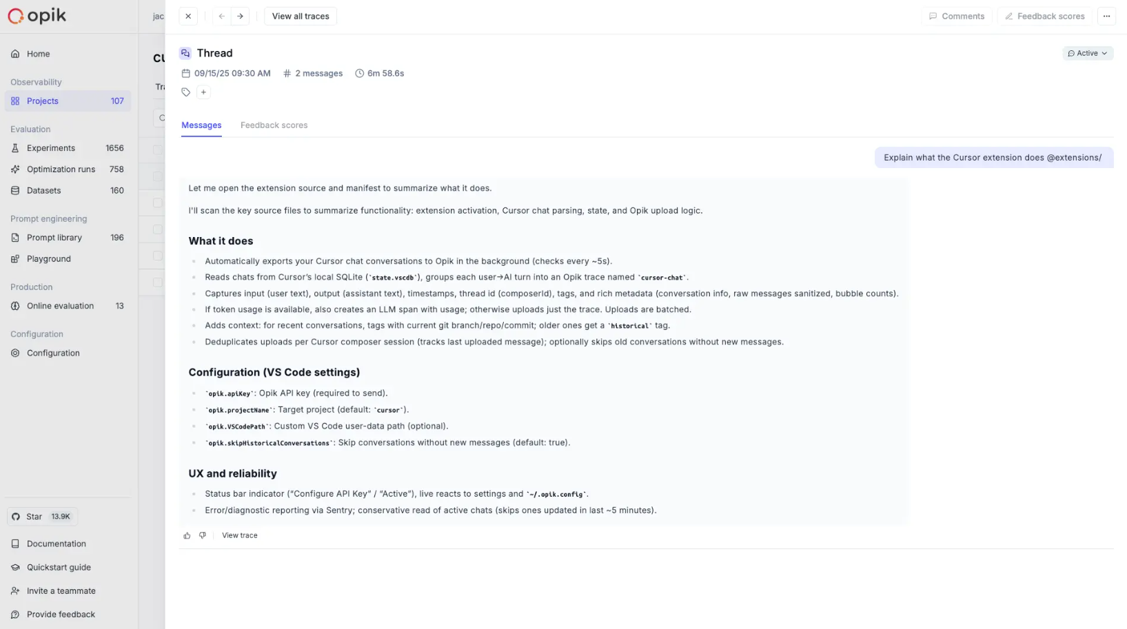 Cursor conversation logged in Opik