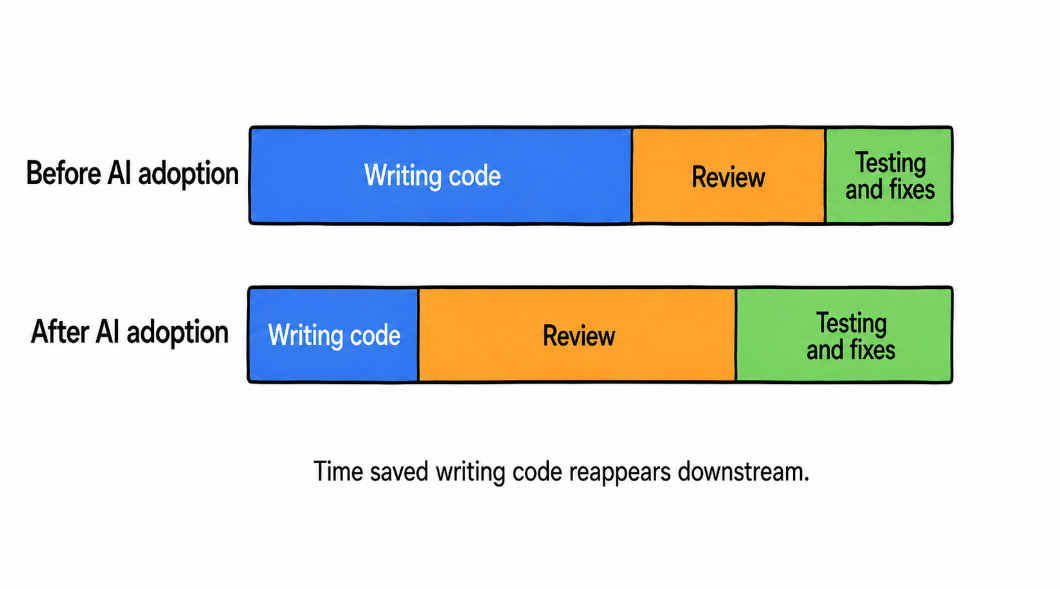 Two stacked bars comparing engineering time before and after AI adoption, where the writing code segment shrinks while review and testing and fixes both grow, illustrating that time saved writing code reappears downstream